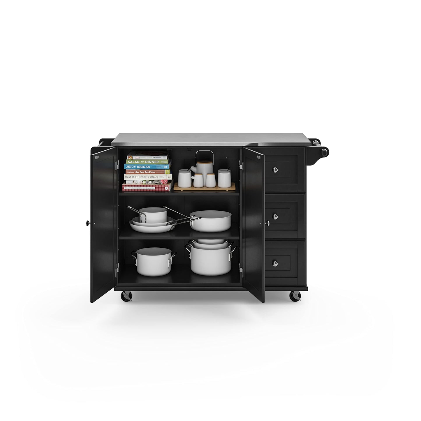 Homestyles Dolly Madison Black Mobile Kitchen Island Cart with Stainless Steel Top