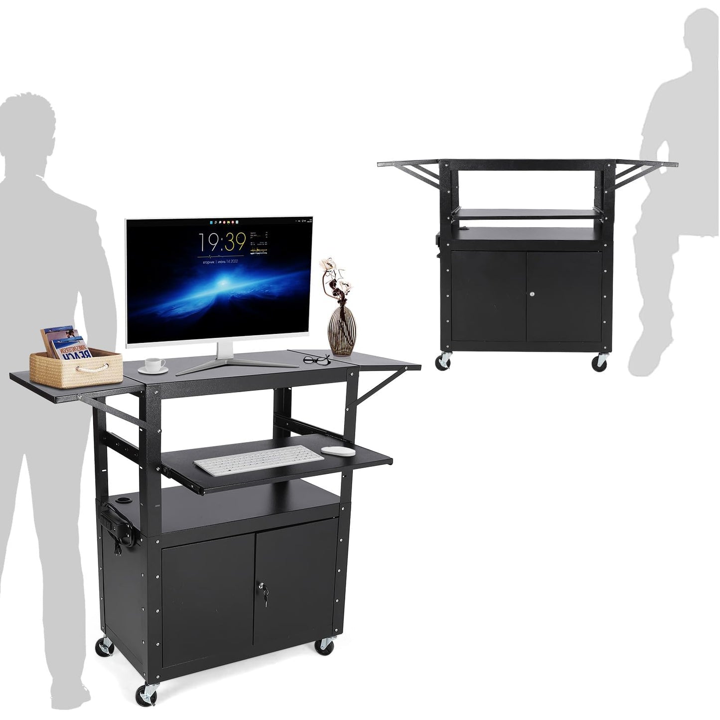 GAOMON Rolling AV Cart with Locking Cabinet, Laptop Stand, and Drop Leaves, Height Adjustable Mobile Utility Cart Workstation with Extra Storage Space, Power Strip