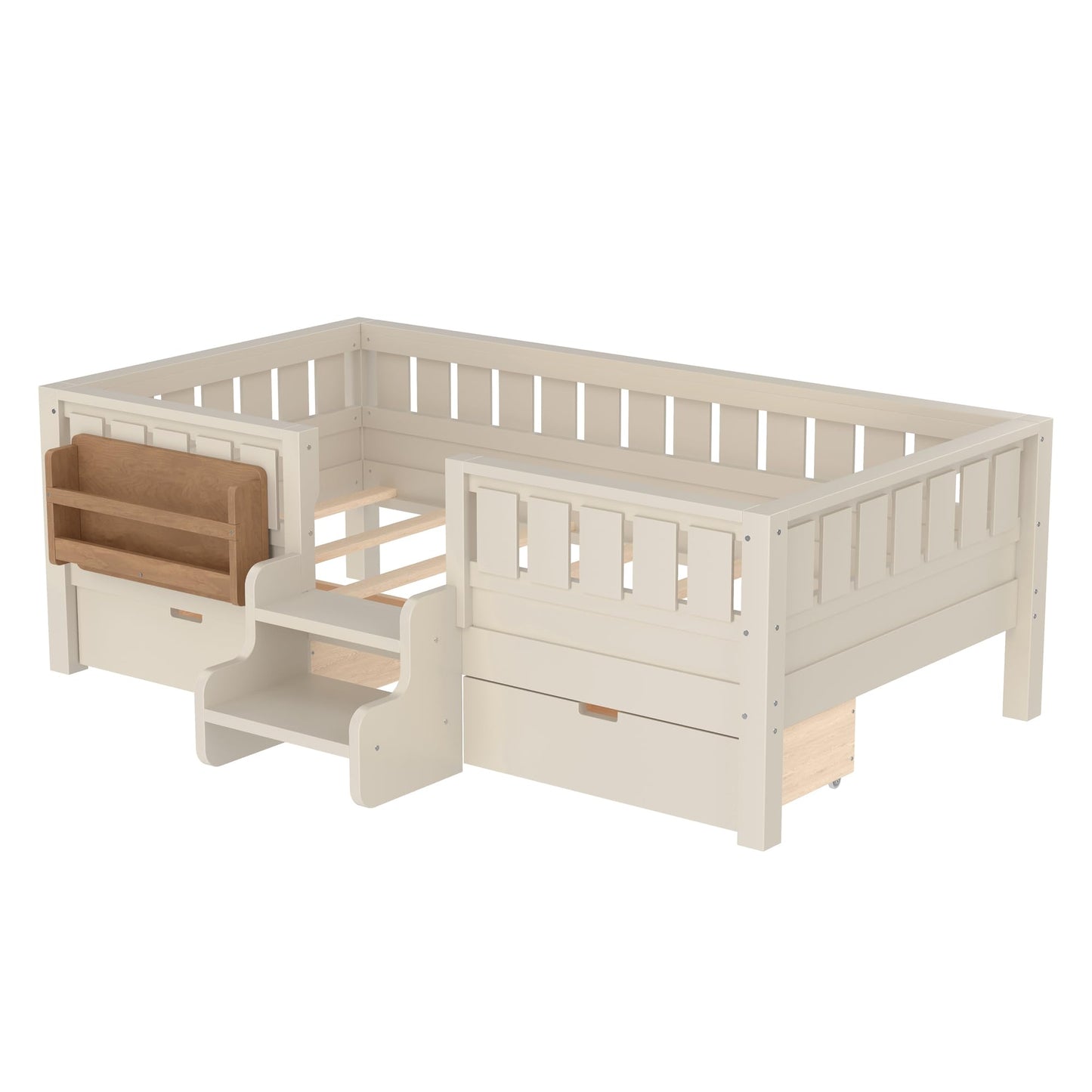 Bellemave Twin Bed with Slats and Stairs, Twin Size Platform Bed Frame with Fence, Bookshelf and Storage Drawers, Easy Assemble Beds for Kids, Girls, Boys, Beige