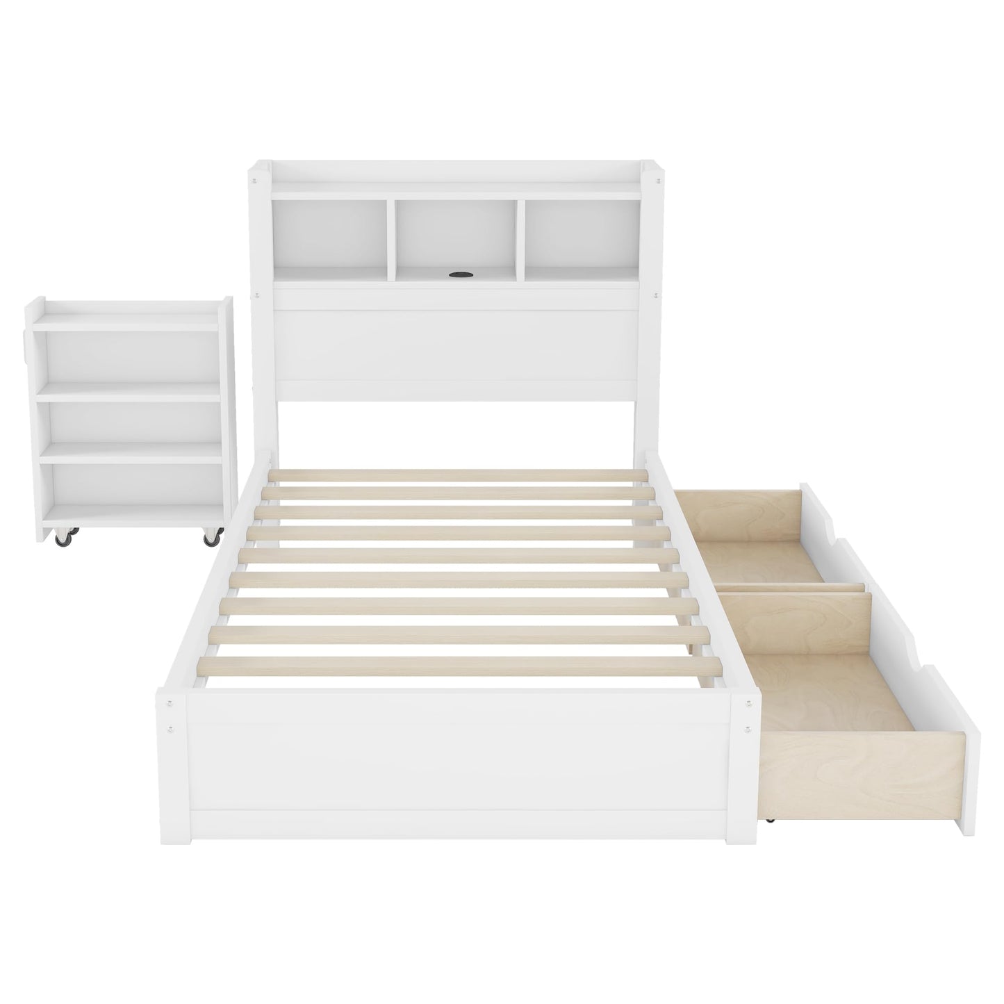 KEIKI Twin Size Wood Platform Bed Frame with Storage Headboard & Pull Out Storage Cabinet & 2 Drawers, Modern Bed with Solid Slats & Socket, No Box Spring Required, Easy Assembly, for Bedroom, White