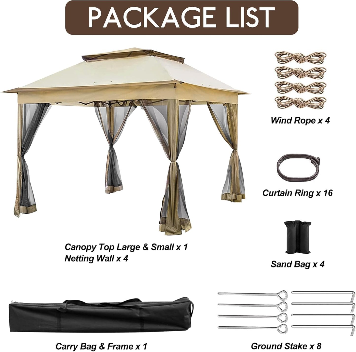 Solaroxy 10' x 10' Pop Up Gazebo Tent, Outdoor Screen Canopy Shelter, Instant Patio Sun Shade Gazebo Tent with 2 Tiers Roof & Mesh Netting for Garden, Lawn, Backyard, Party, Beige