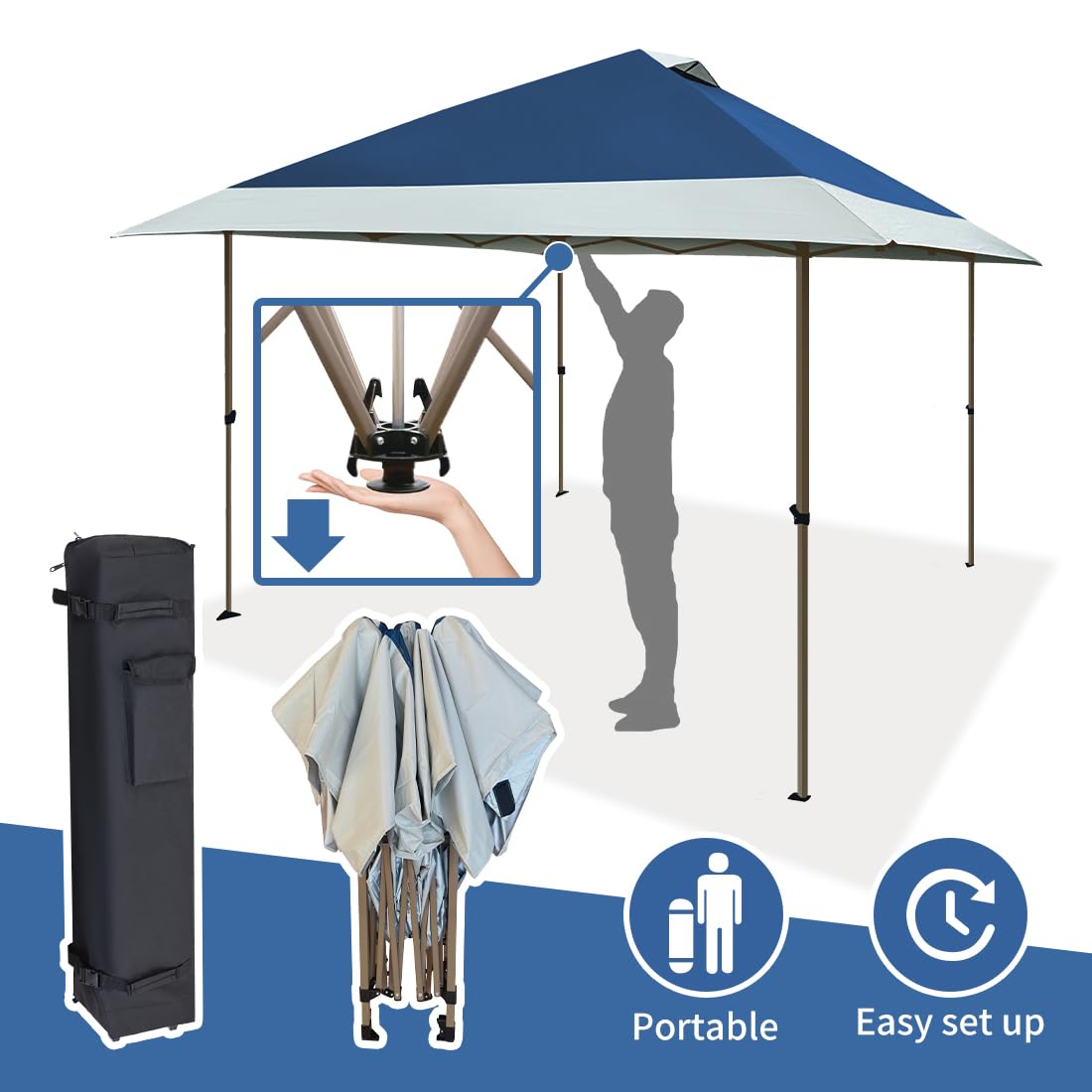 OUTDOOR LIVING SUNTIME 13x13 Instant Easy Pop Up Canopy,Portable Commercial Gazebo Camping Gazebo Tent Shelter with Wheeled Roller Carry Bag, Bonus Weight Sandbags, Stakes, Ropes - Navy