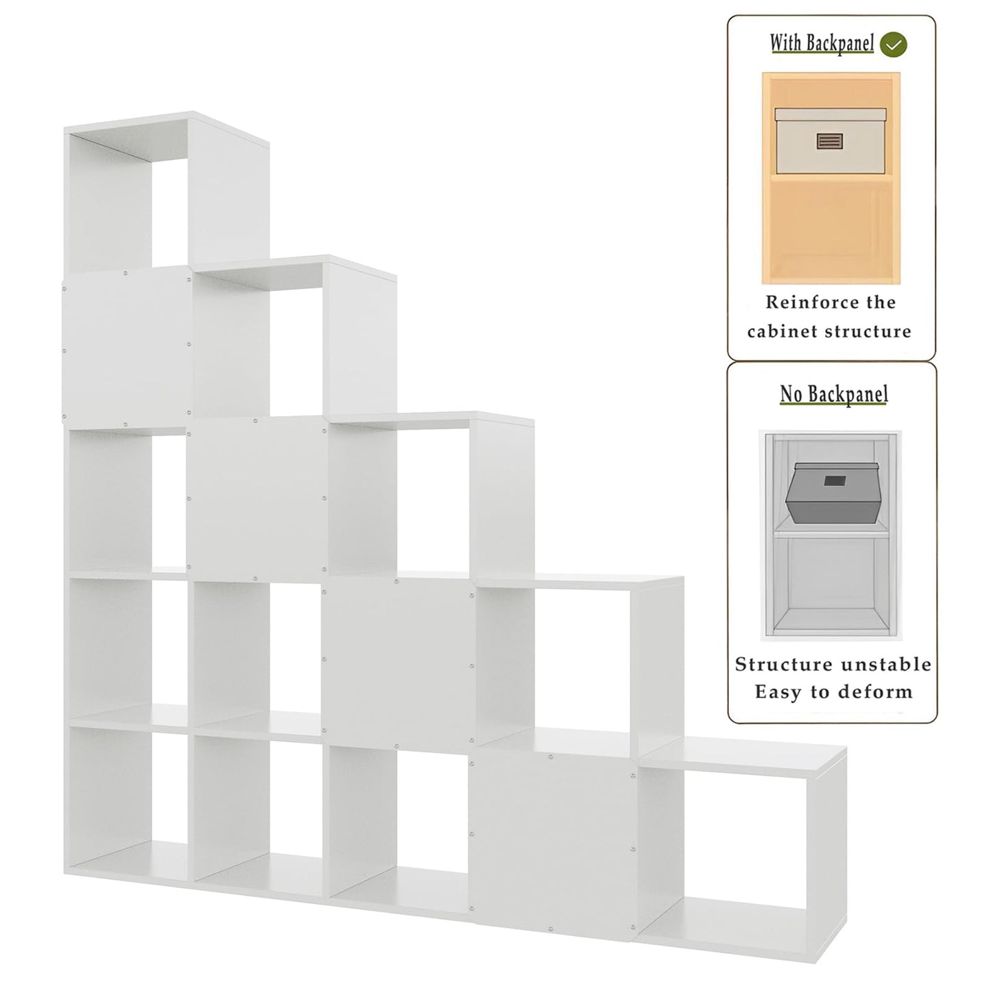 OSCHF Ladder Cube Storage Bookcase - Wooden L-Shaped 5-Tier Corner Shelf, Reversible 15-Cube Organizer for Home & Office, White