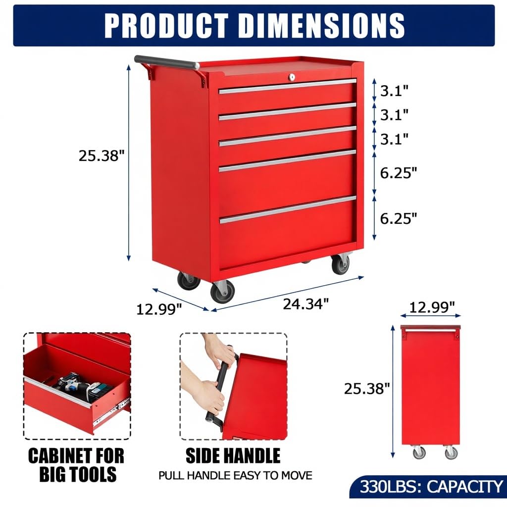 Rolling Tool Chest, 5 Drawers Tool Storage Cabinet with Wheels, Portable Tool Cabinet Organizer with Locking System & Drawer Liners,Universal Lockable Wheels, Tool Storage Cart for Garage, Workshop
