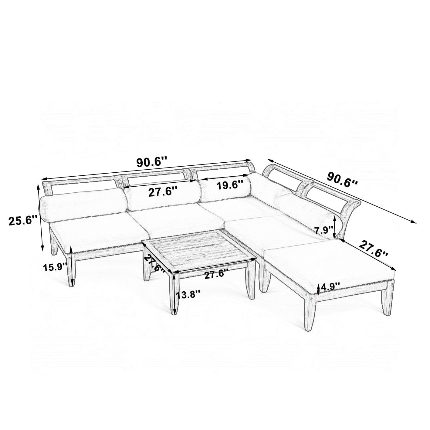 Merax 6 Pieces Patio Furniture Set, Outdoor L-Shaped Sectional Sofa Set with Coffee Table, Acacia Wood Conversation Seating & Cushions and Lumbar Pillows, for Garden, Poolside and Backyard, Teak+Beige