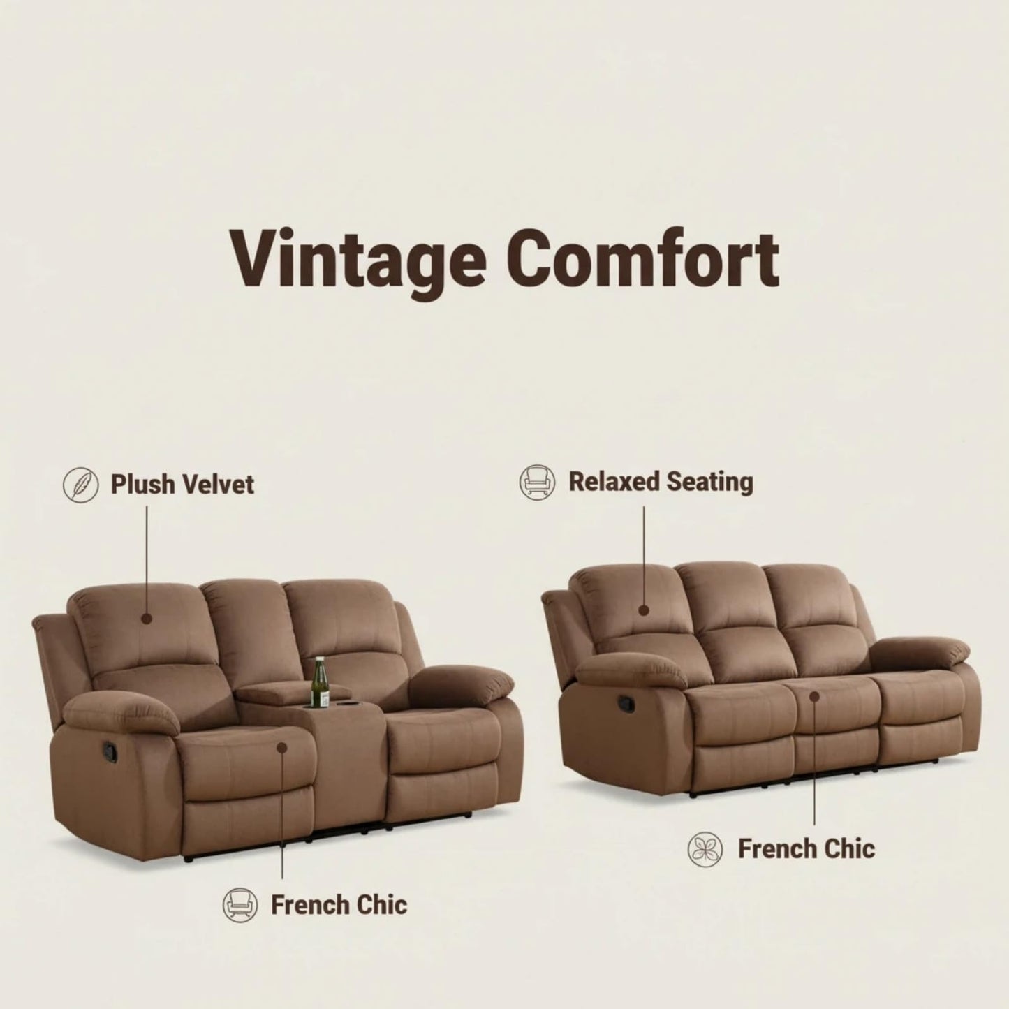 Trygoal Manual Recliner Sofa Set, Pineapple Velvet Reclining Living Room Furniture Set, Adjustable Backrest Reclining Loveseat Sofa and a 3 Seater Couch Furniture Set for Living Room, Brown