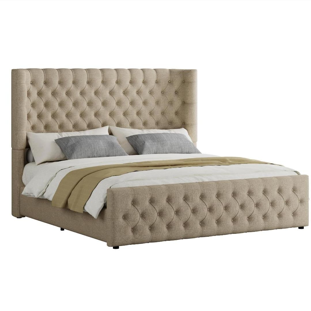 Jocisland Queen Size Upholstered Bed Frame with 6.3-Inch Curved Wingback Headboard, Tufted Footboard, Wood Slats, No Box Spring Needed, Khaki Linen