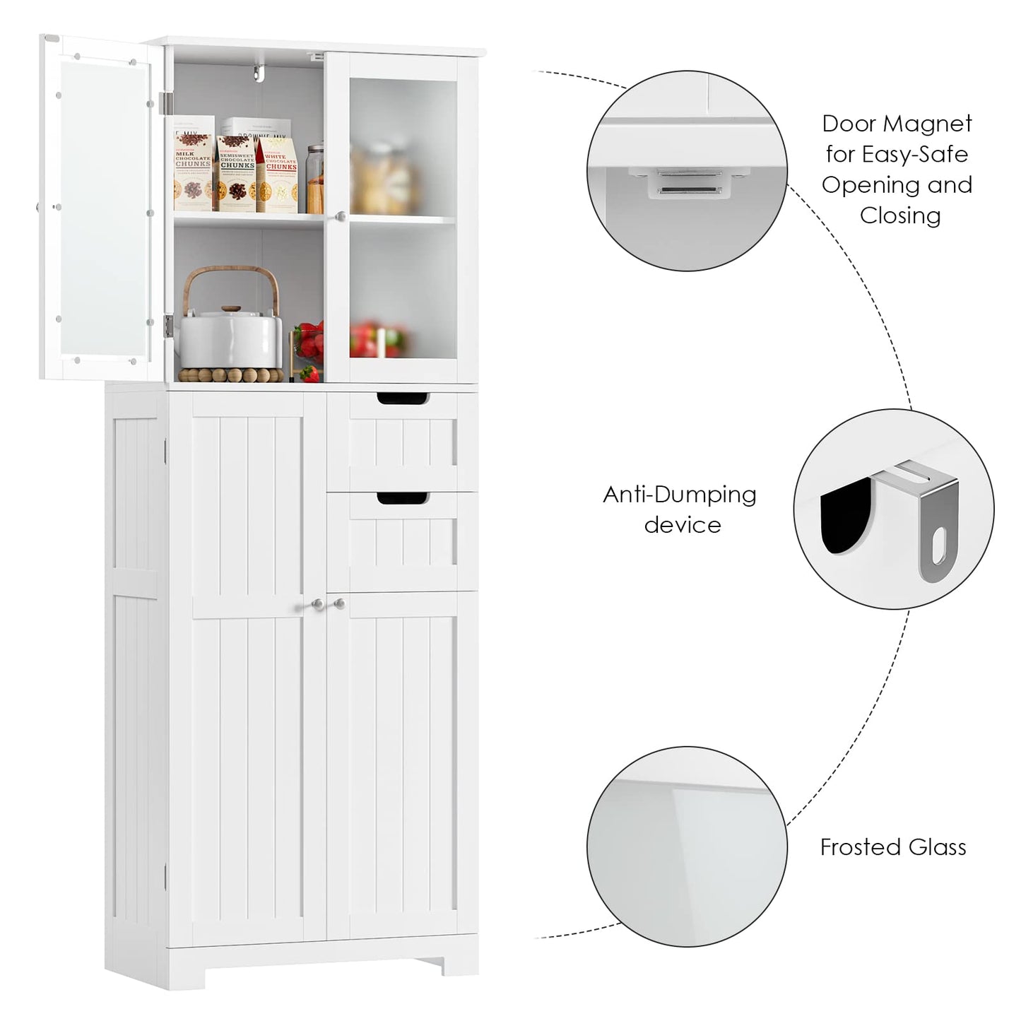 BOTLOG 67'' Tall Bathroom Storage Cabinet, Linen Cabinet with Glass Doors and Adjustable Shelves, Kitchen Pantry with 2 Drawers for Bathroom, Living Room, Dining Room, White