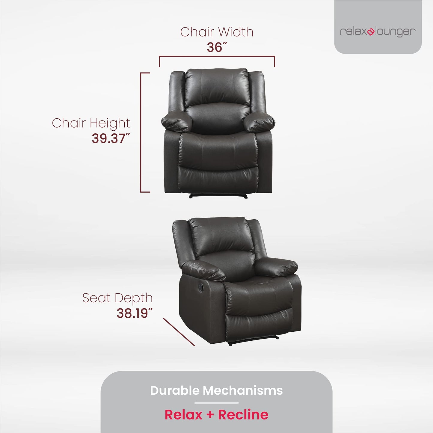 Relax-A-Lounger Warren 35.5" Manual Pull-Handle Recliner, Traditional Overstuffed, Pocket Coil Comfort, Black Metal Base Legs, Soft Vegan Leather Fabric, Java