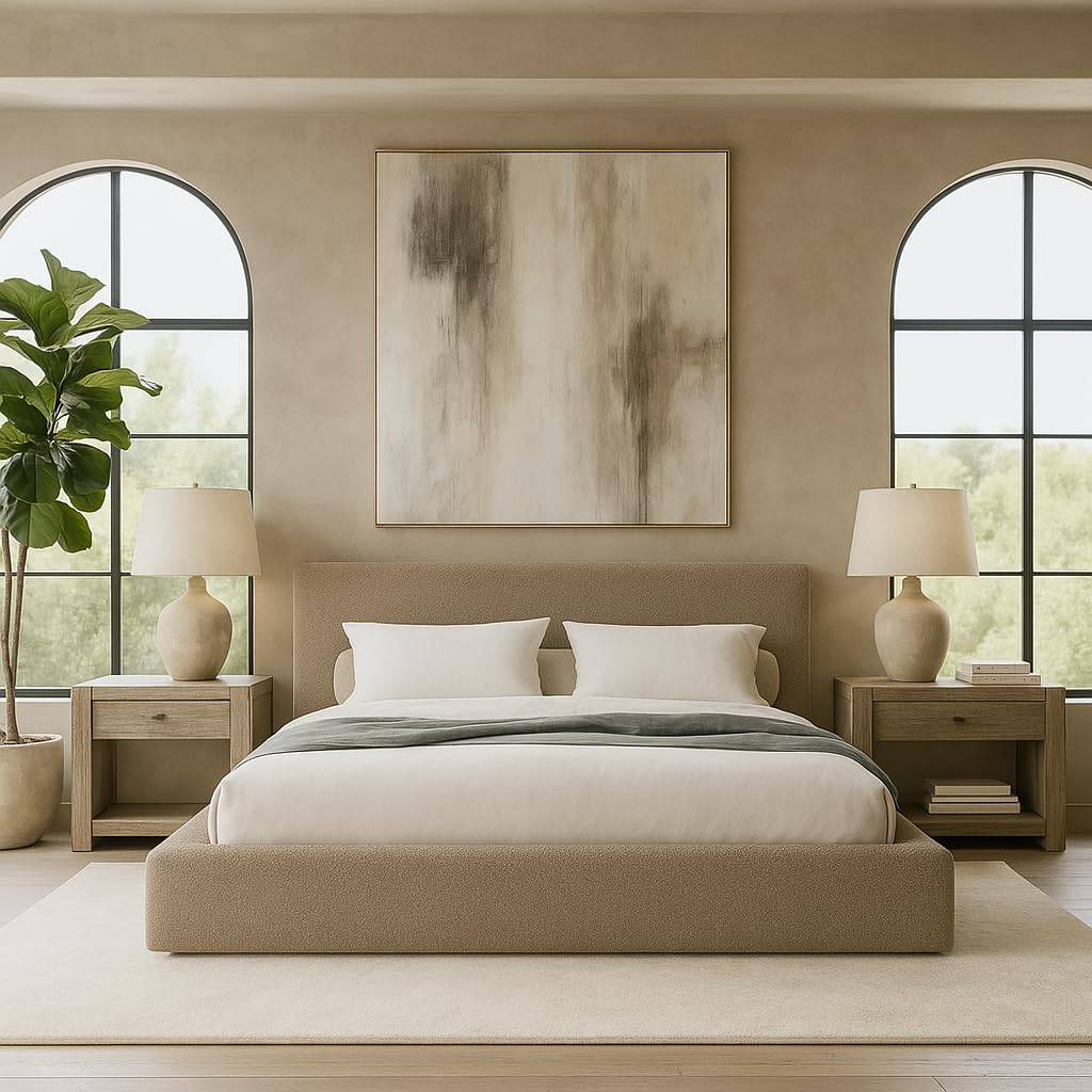 Cloud Frame Square Bed – Washable Cover - Soft Upholstered Linen - Minimalist Modern - Sold Separately (Taupe Boucle, Queen Headboard)