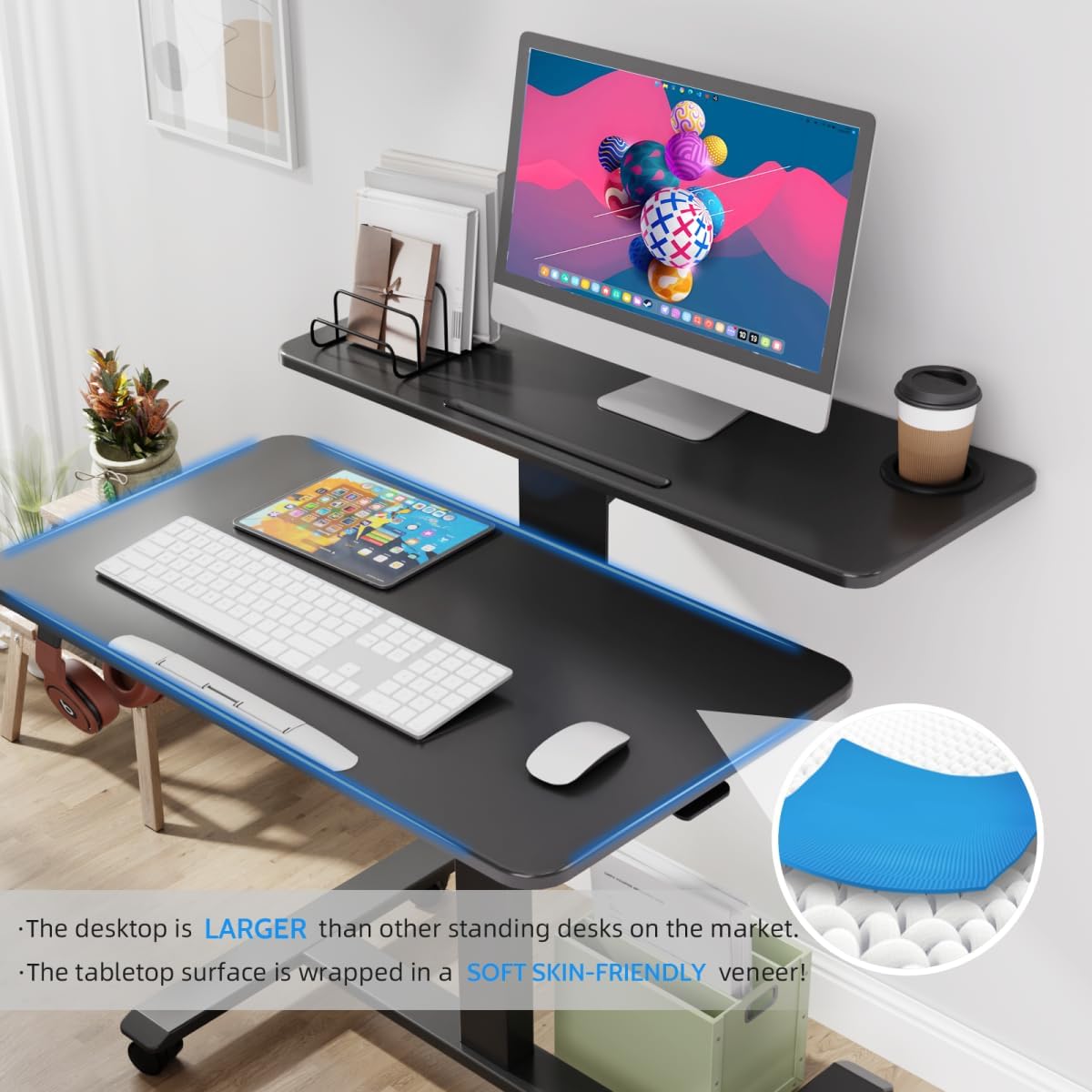 TecbL Pneumatic Standing Desk with Wheels - Adjustable Height 28" - 46" & 0-90° Tilt, 31.5" x 17.7" Skin-Feel Desktop, Rolling Computer Desk for Home Office, Hospital, School (Black)