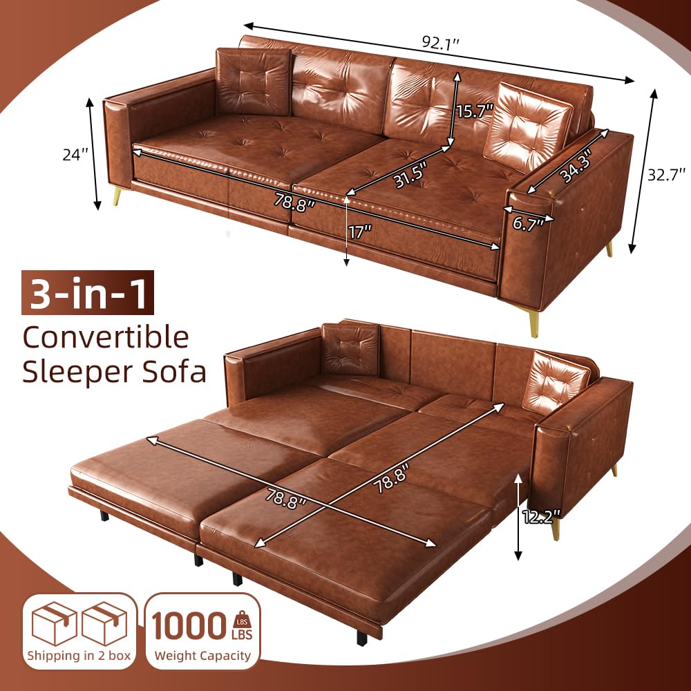 Eafurn 92" Convertible Loveseat Sleeper Sofa Bed, 4-in-1 Multifunctional 4-Seat Leather Couch with Pull Out King Size Bed & Chaise Lounge, Oversized Tufted Loveseat Sofa Couch for Living Room