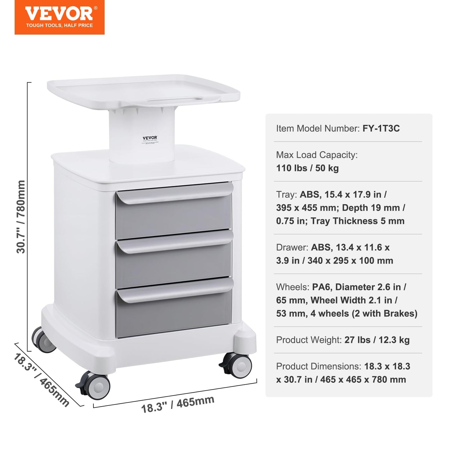 VEVOR 4 Tiers Lab Carts, Lab Utility Cart with 3 Drawers & 1 Top Tray, Mobile Medical Cart with ABS Material, Lab Rolling Cart with 4 Silent Wheels for Lab, Clinic, Hospital, Salon, White