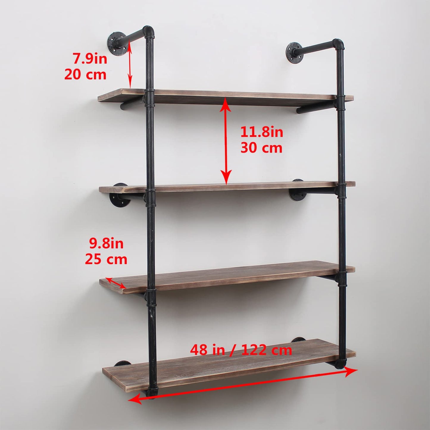 MBQQ Industrial Pipe Shelving Wall Mounted,48in Rustic Metal Floating Shelves,Steampunk Real Wood Book Shelves,Wall Shelf Unit Bookshelf Hanging Wall Shelves,Farmhouse Kitchen Bar Shelving(4 Tier)