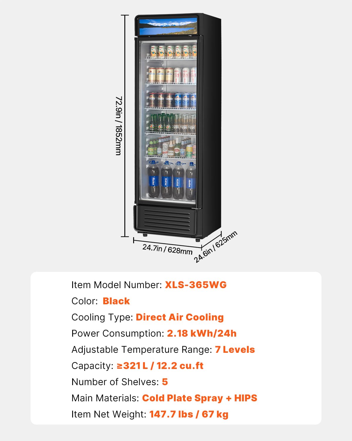VEVOR Commercial Merchandiser Refrigerator, 12.2 CU.FT Glass Door Display Refrigerator, Beverage Cooler Merchandiser with Adjustable Shelves, Soft LED Light, Customizable Lightbox, Black