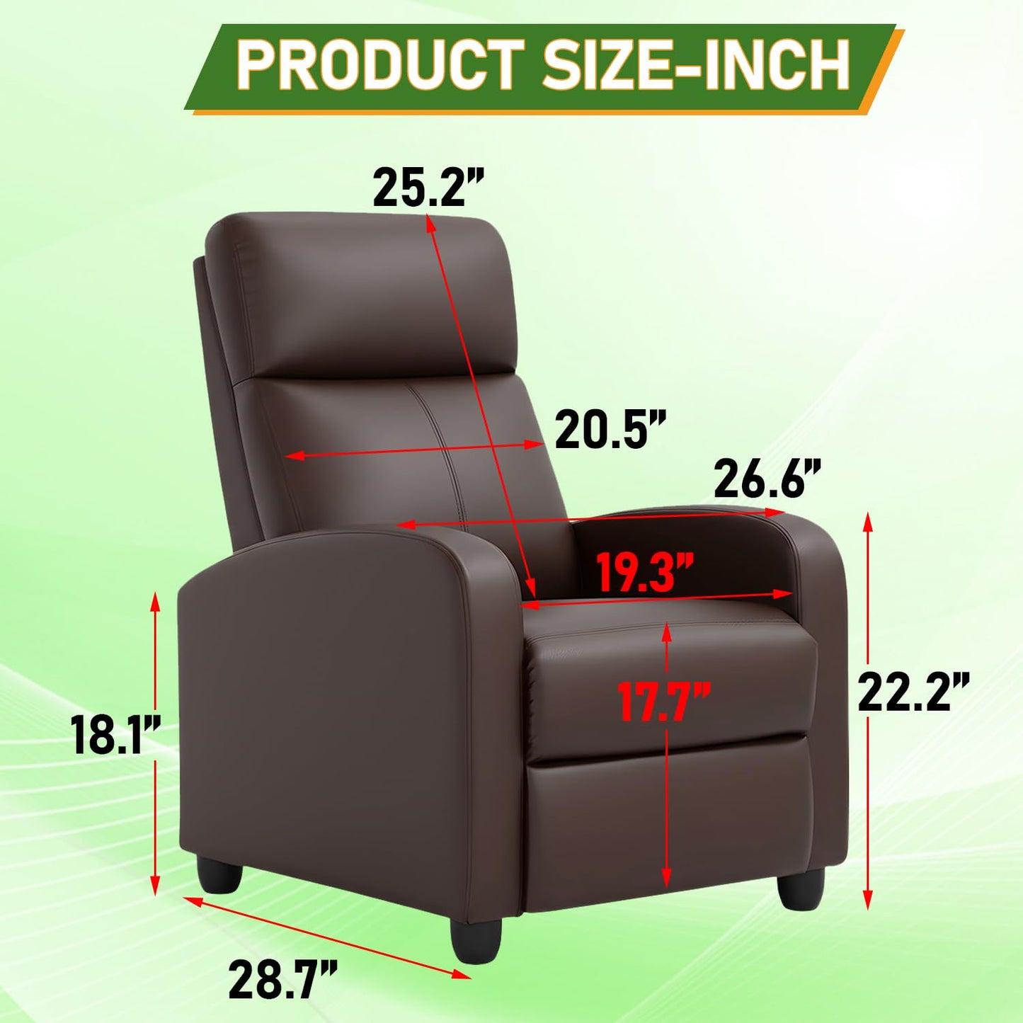 PayLessHere Recliner Chair Single Reclining Sofa Home Theater Seating with Lumbar Support and Padded Backrest for Living Room and Bedroom (Leather, Brown-Massage)