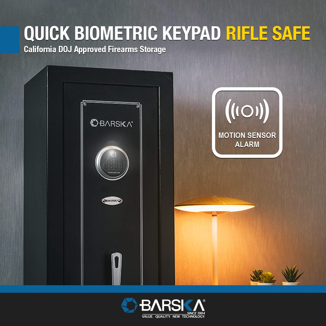 Barska 5.51 Cu Ft DOJ Certified Biometric Rifle Safe – 10 Gun Capacity, Fingerprint & PIN Access, 6-Point Deadbolt, Silent Mode, Motion Alarm, Carpeted Interior