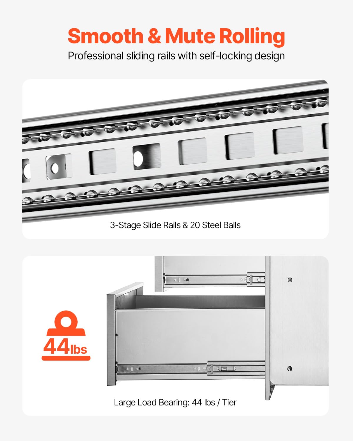 VEVOR Outdoor Kitchen Drawer 16" W x 21.5" H x 18" D, Outdoor Kitchen Cabinets, BBQ Drawer Stainless Steel, Flush Mount Triple Access, with Handle, BBQ Island, Outdoor Grill Patio Grill Station