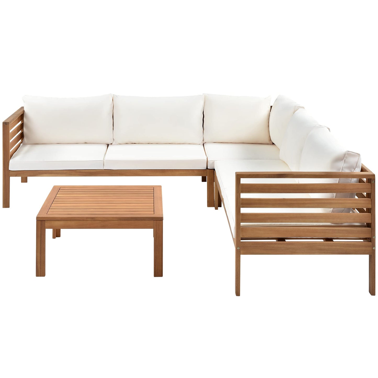 Wood Outdoor Sofa Set with Beige Cushions, Japanese Style Acacia Wood Frame, Water-Resistant UV-Protected Seats, Strong Metal Accessories, Flexible Modular Sectional for Garden Gazebo Patio