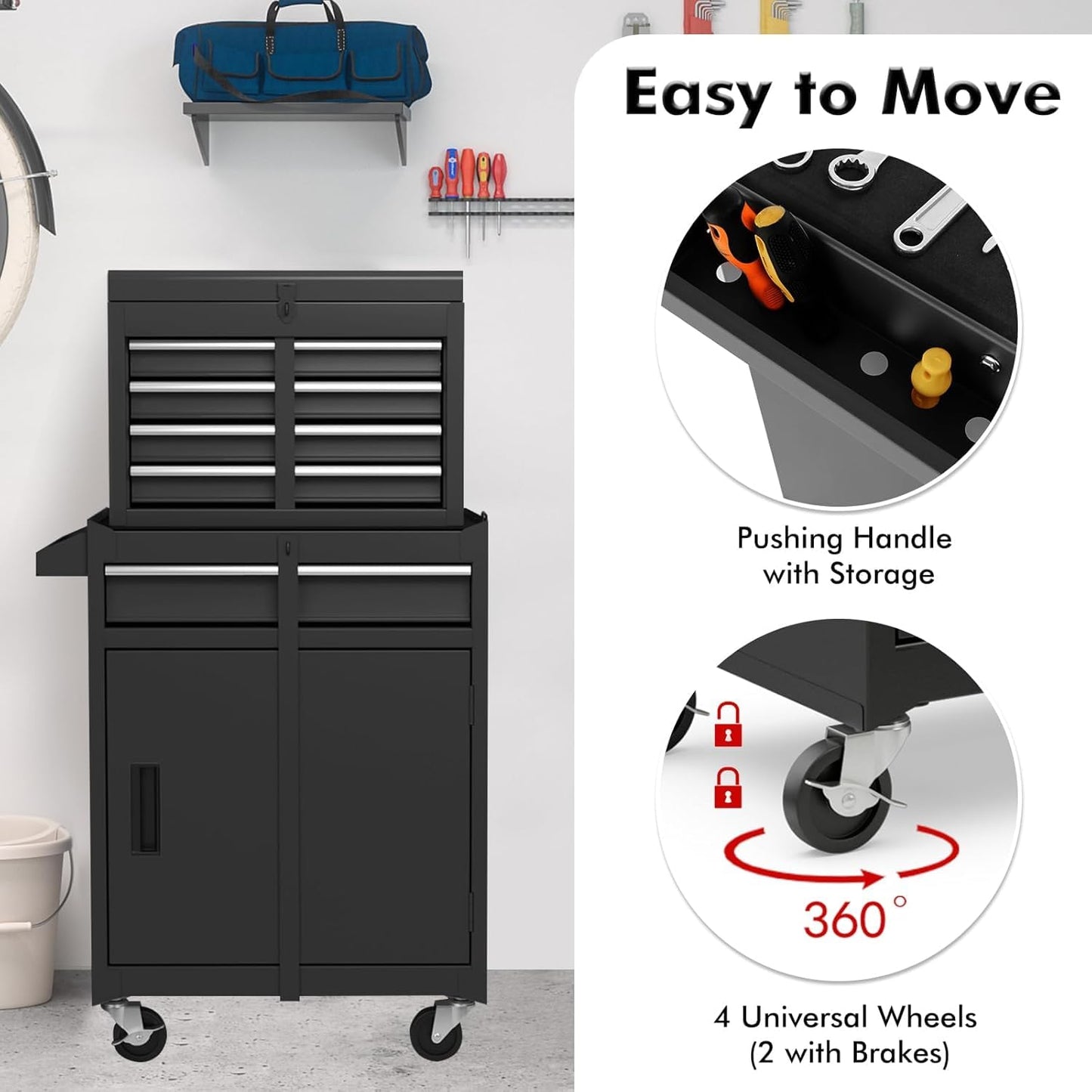 HOMGX 5-Drawer Tool Combination Cabinet, Rolling Toolbox w/Detachable Top & Adjustable Shelf, Lockable Wheels & Sliding Drawers, Large Capacity Tool Storage Cabinet for Garage Workshops (Black)