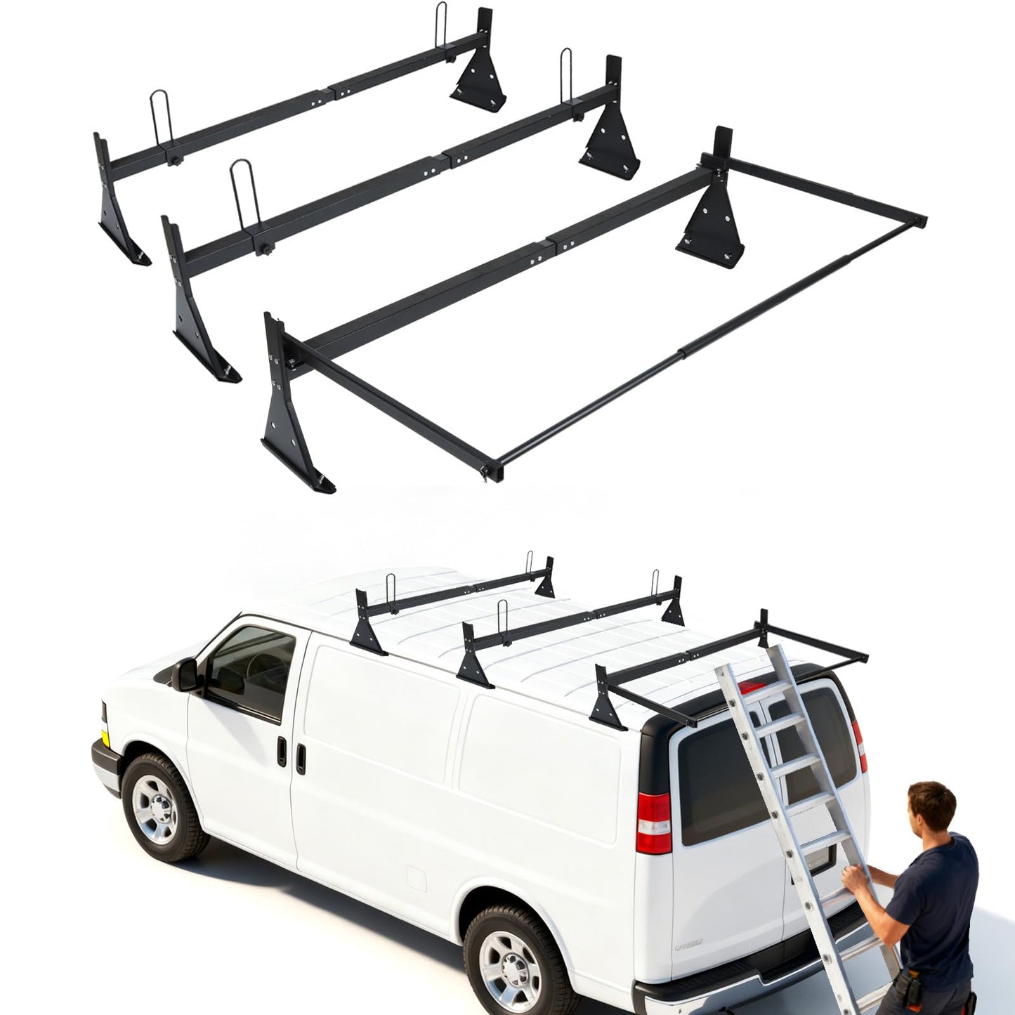 hightall Universal Van Ladder Rack with Roller,Adjustable Length 57-70" with Cargo Stoppers for Van with Rain Gutter,Compatible with Chevy Express 1500 2500 3500 Ford Econoline GMC Savana