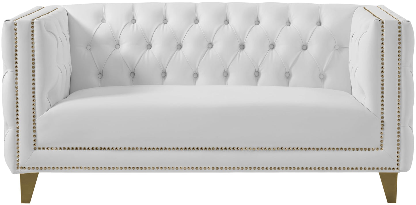 Meridian Furniture 651White-L Michelle Collection Modern | Contemporary Loveseat with Deep Button Tufting, Gold Nailhead Trim and Sturdy Gold Iron Legs, White Vegan Leather, 66" W x 34" D x 30" H