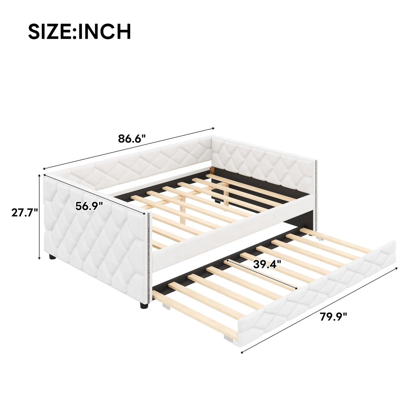 Merax Full XL Upholstered Daybed with Trundle, Modern PU Leather Sofa Bed Frame with Pull-Out Bed, Tufted Daybed Couch for Living Room Guest Room, No Box Spring Needed, White