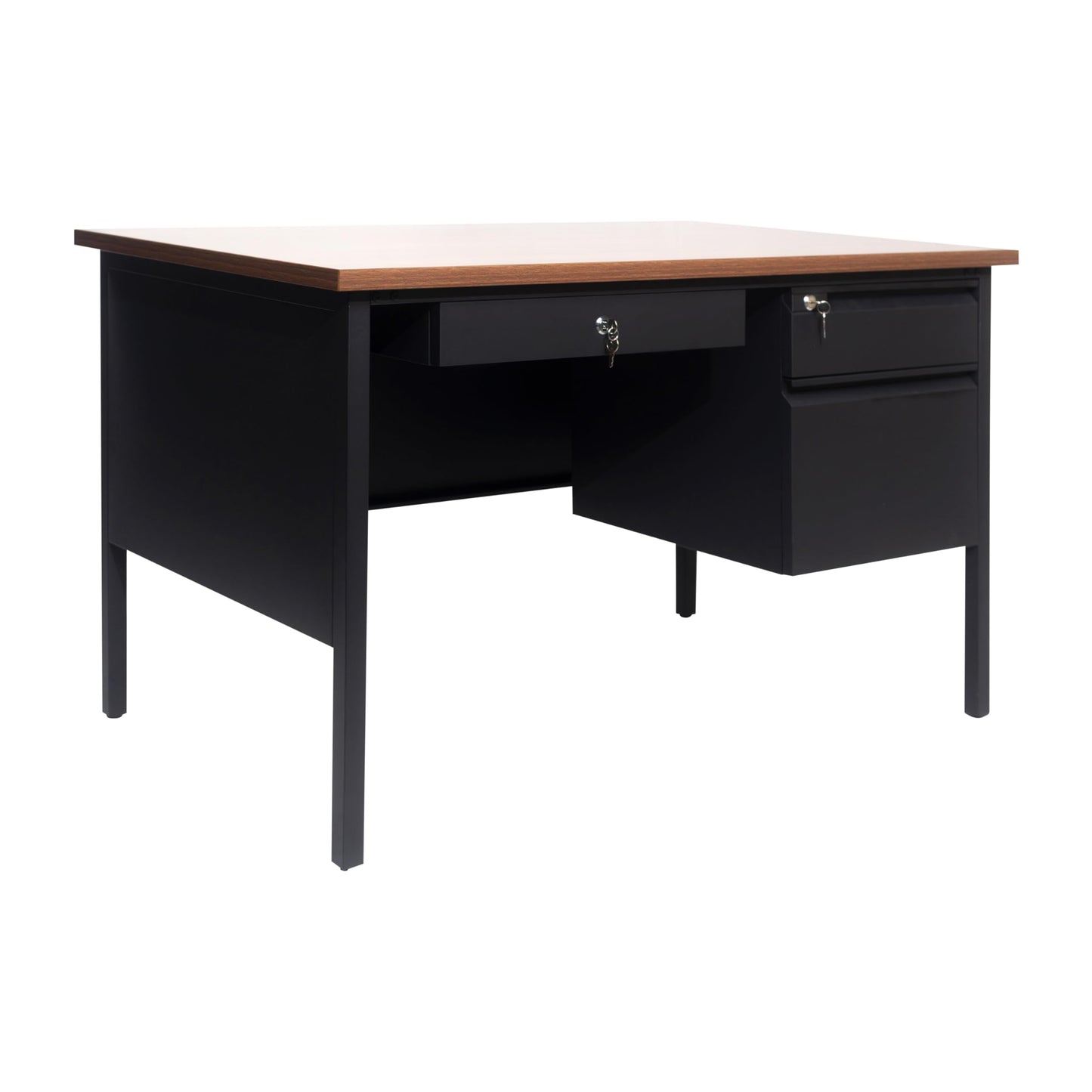 Flash Furniture Cambridge Right Side Single Pedestal Desk with 3 Locking Drawers, Commercial Grade Teacher's or Office Desk, 30x48, Metal Frame, Walnut/Black