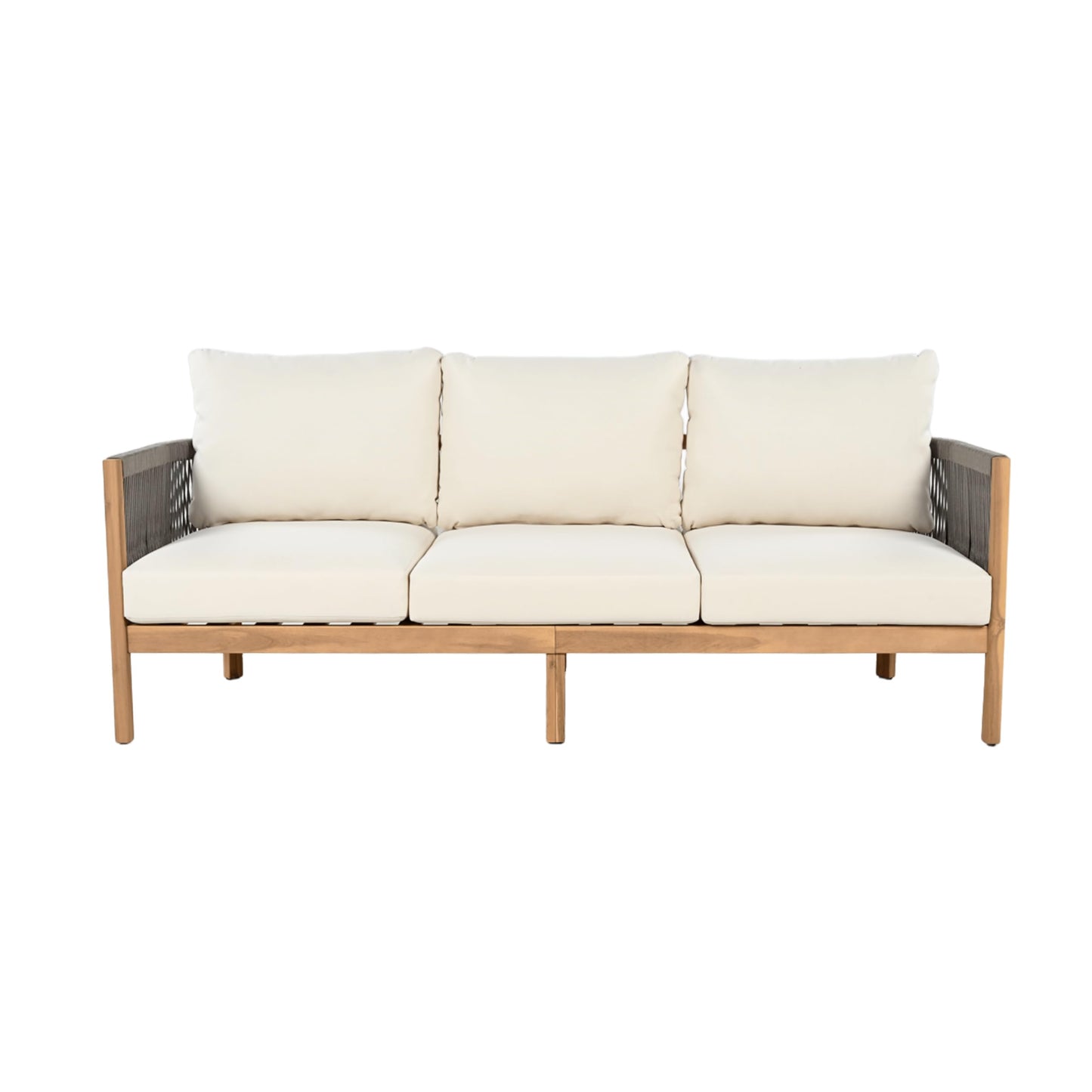 Christopher Knight Home Havets 5 Pieces Outdoor Acacia Furniture Set, Woven Rope Loveseat and Accent Club Chairs, 6" Thick Cushions Sofa and Coffee Table Set for Backyard Garden Balcony, Gray+Beige