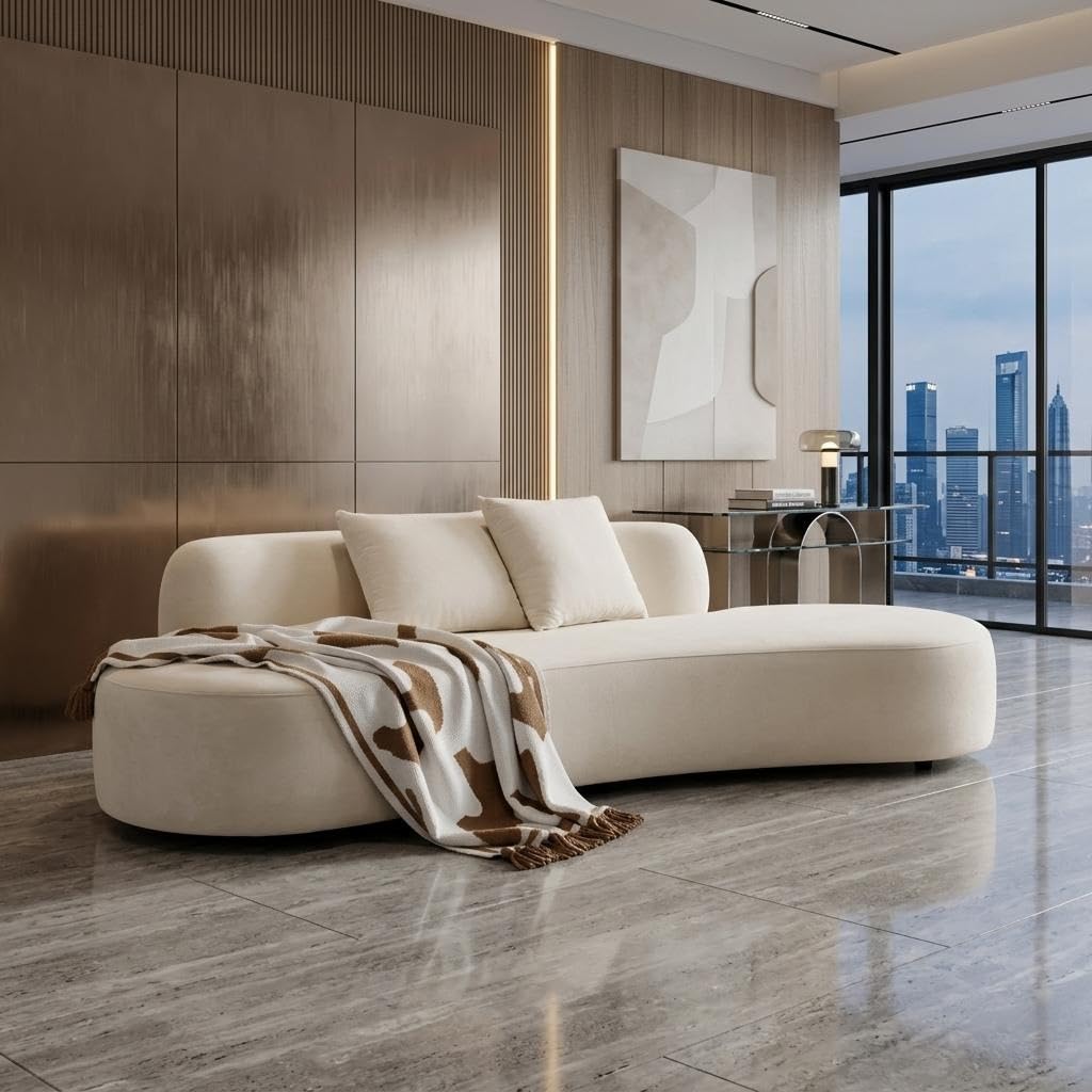 Container Furniture Direct 90" Curved Sofa with Throw Pillows, 4 Seater Luxury Velvet Couch with Half Moon Design and High-Density Foam, Ideal for Modern Living Room, Office & Apartment, Ivory