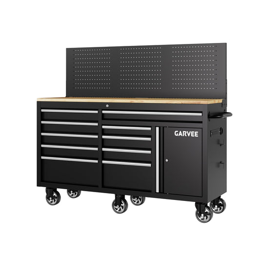PioneerWorks 60 Inch Rolling Tool Chest Cabinet, 10 Drawer Tool Box with Pegboard & Lock, Mobile Garage Storage Organizer with Charging Station, Heavy Duty Workbench for Workshop, Black Tool Cabinet