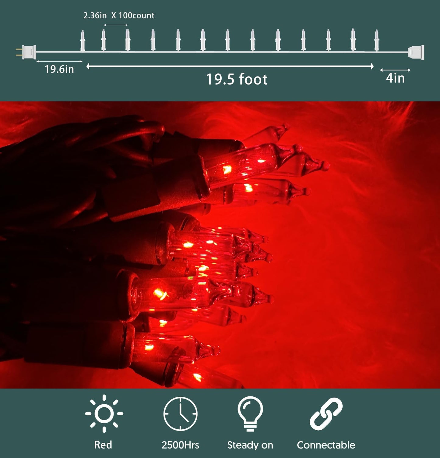 HISHINY Christmas Lights 100 Count Red String Lights 21ft Green Wire UL Certified for Indoor Outdoor Decorations