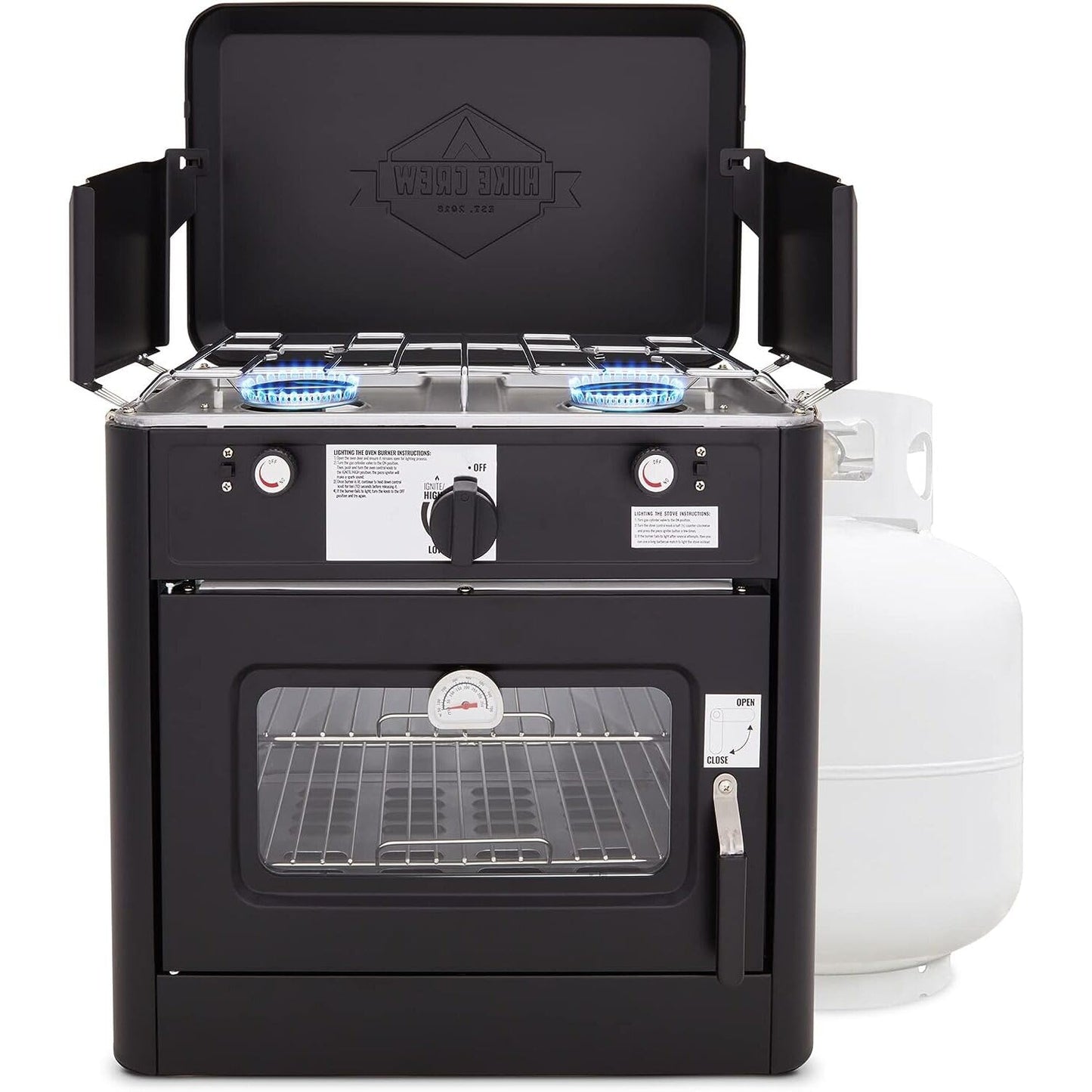 Hike Crew Outdoor Gas Camping Oven w/Carry Bag | CSA Approved Portable Propane-Powered 2-Burner Stove & Auto Ignition, Overheat Safety Shutoff, Built-In Thermometer Hose Regulator Included