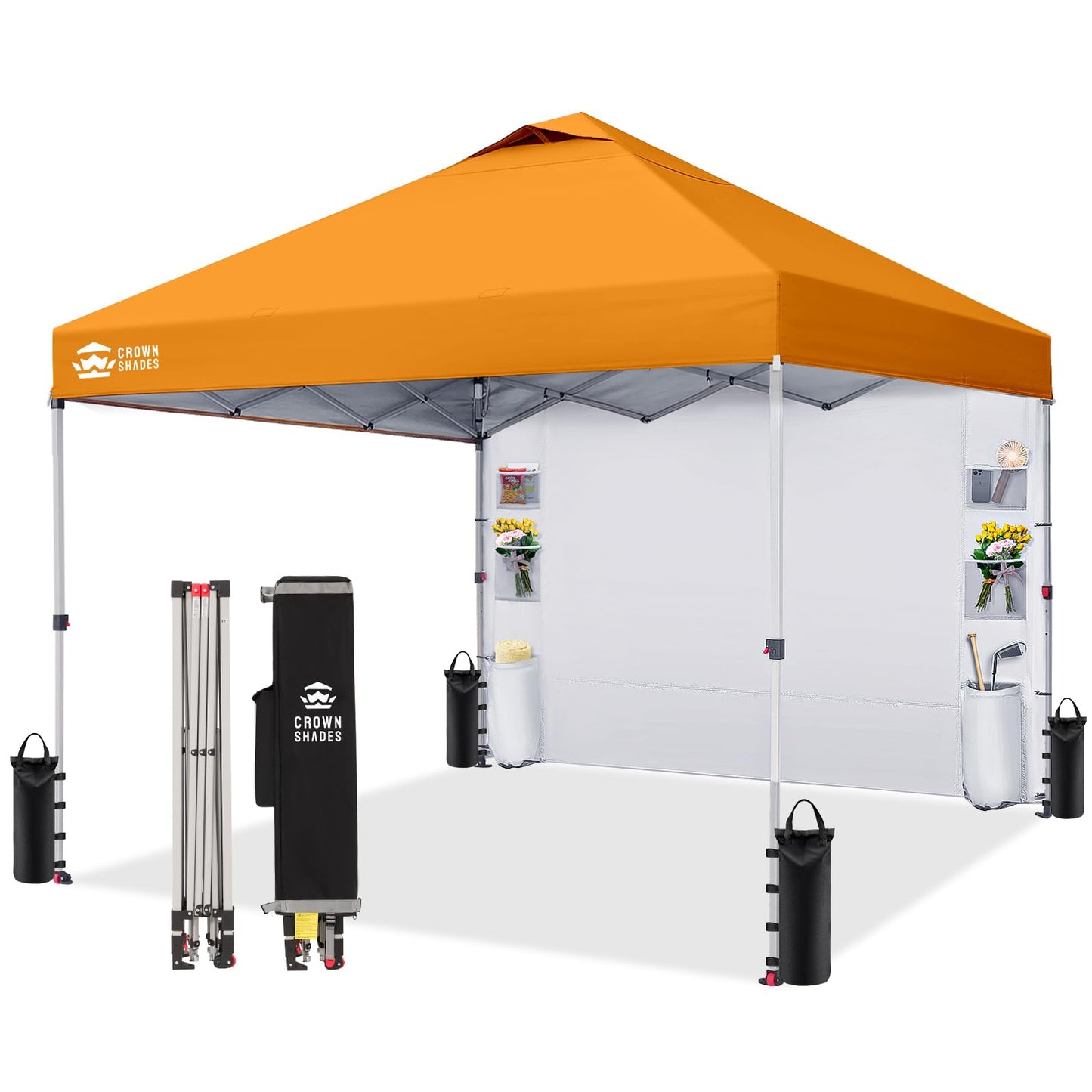 CROWN SHADES Canopy Tent, 10 x 10 Foot Portable Pop Up Outdoor Shelter with Pocket Sidewall, Push Center Lock, UV Protection, and Carry Bag, Orange