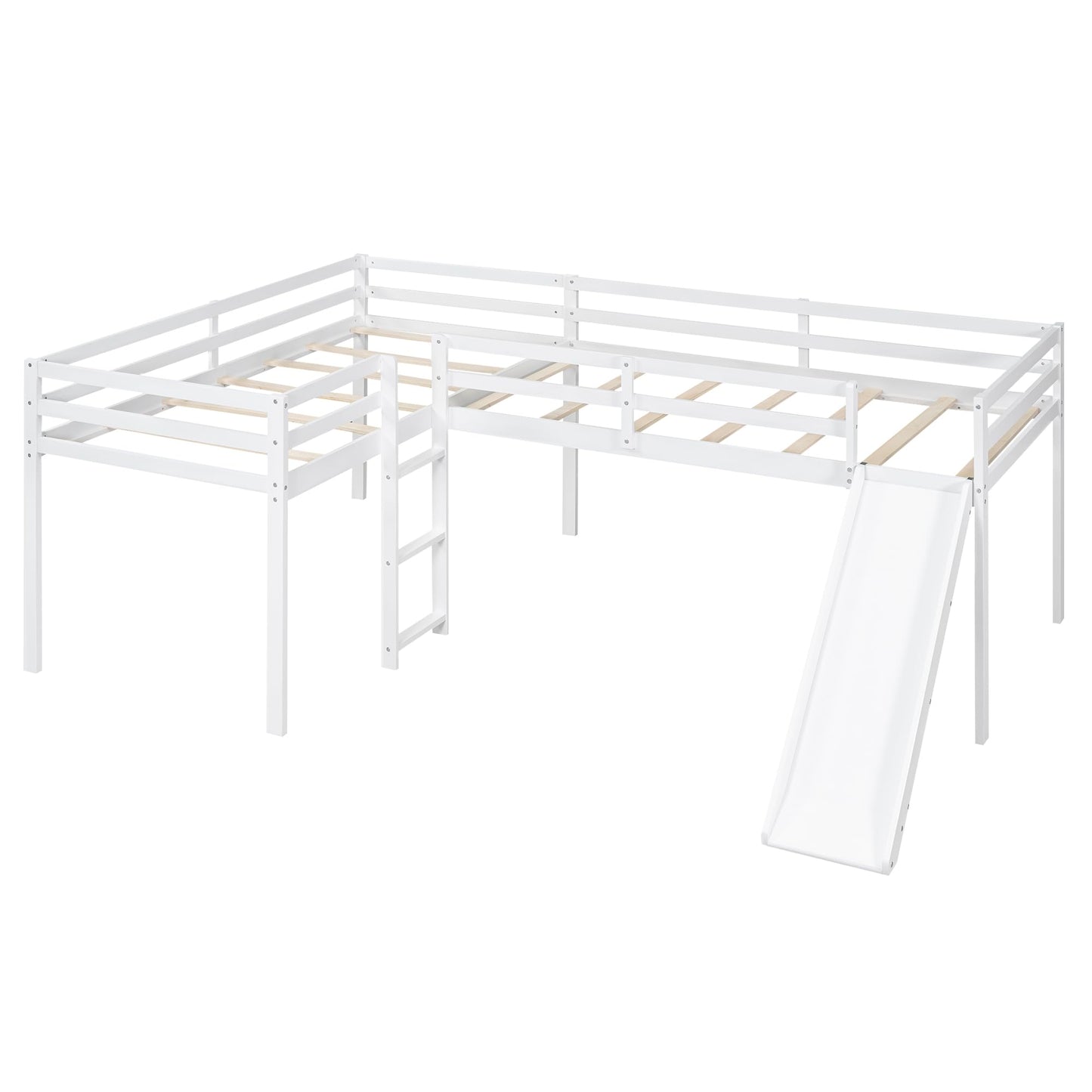 Favfurish L-Shaped Twin Size Loft Bed with Ladder and Slide,Solid Wood Structure Bed Frame,w/Safety Guardrail & Slat Supports,Space Saving,Easy to Assemble,for Kids,Teens,Girls & Boys,White