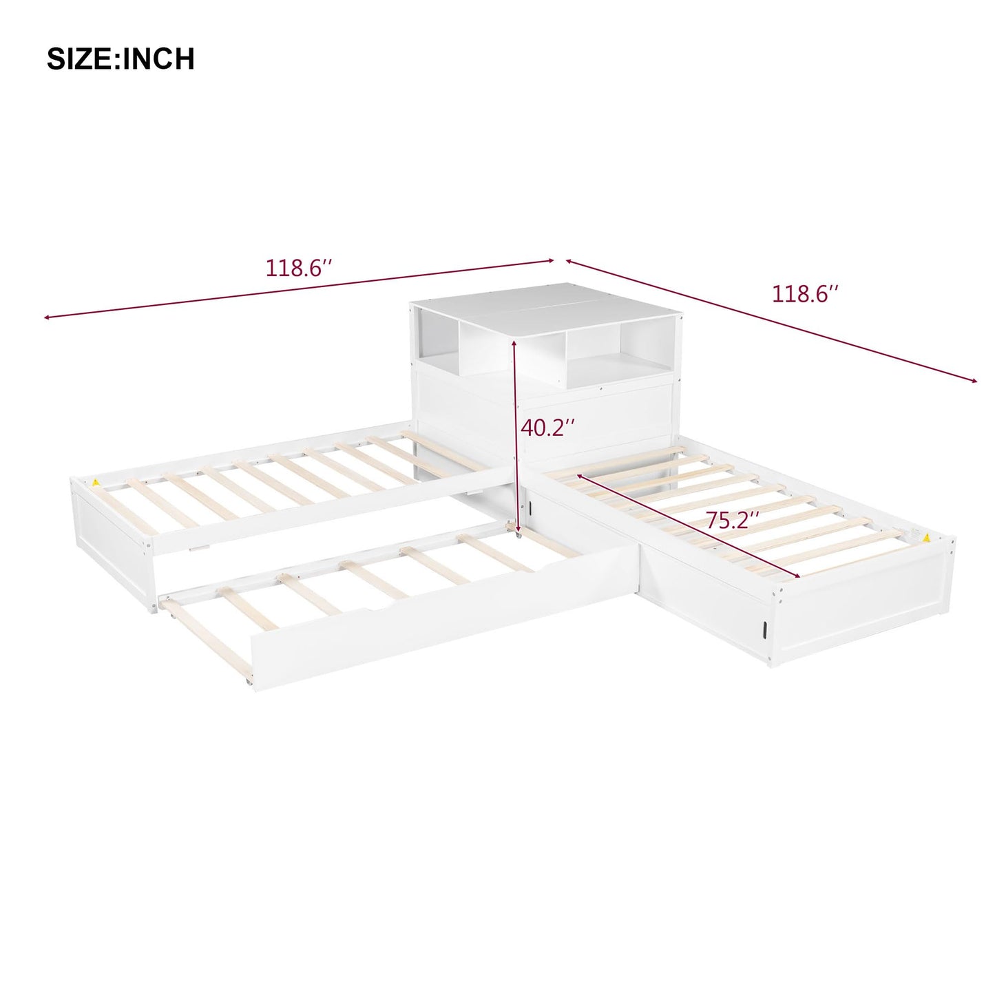 Merax Twin Size Platform Bed with Trundle and Storage Cabinets, L Shaped Corner Bed with Desk and Light, Wood Slats Support, 3 Beds in One Design, No Box Spring Needed