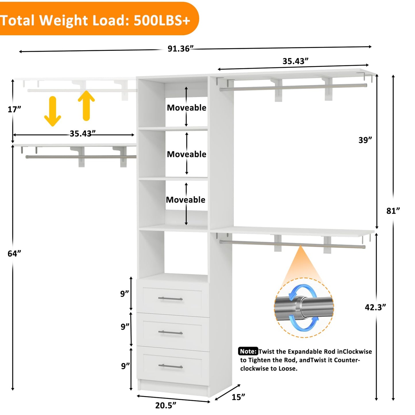secilix Closet System with Drawers, 5-8FT Closet Organizer Systems with Expandable Hanging Rods, 91.36" Closet Shelving Systems for Walk in Closets, Heavy Duty Wall Mount Closet Systems-White