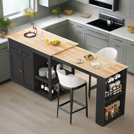 CayugaCrekrd 81.5" Kitchen Island with Extendable Dining Table, Rolling Kitchen Cart on Wheels with Spice Rack, Drawer and Door Cabinet for Dining Room, Black