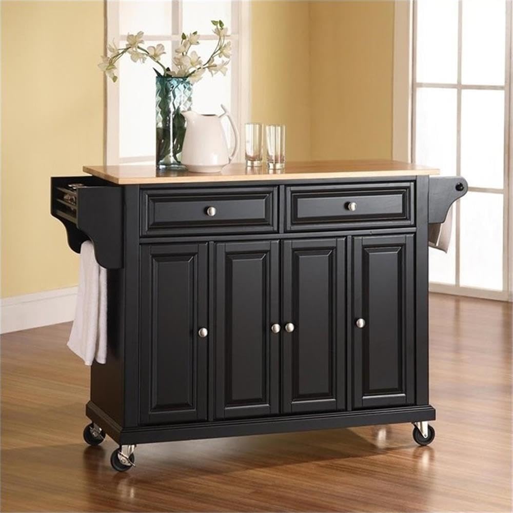 Crosley Furniture Full Size Wood Top Rolling Kitchen Island Storage Cart, Microwave Stand, Spice Rack, Black