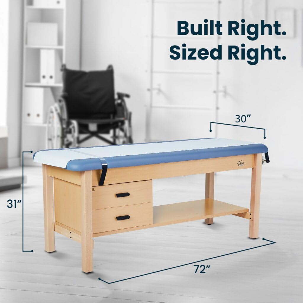 Vivacomfort Aristo H-Brace European Beechwood Flat Treatment Table with Shelf and Drawers, 500 lbs Weight Capacity, Blue