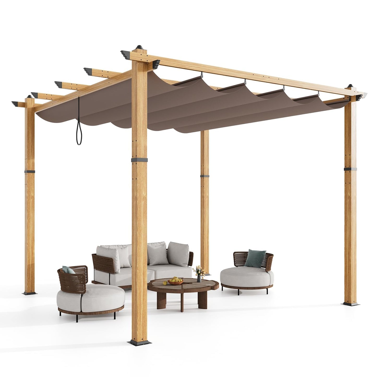 Modern 10x10FT Aluminum Pergola Outdoor Pergola Gazebo, Retractable Sun Shade, Faux Woodgrain, Pergolas for Patios, Deck, Garden, Easy Setup, All-Weather Trellis,Khaki, Imitation Wood Grain Column