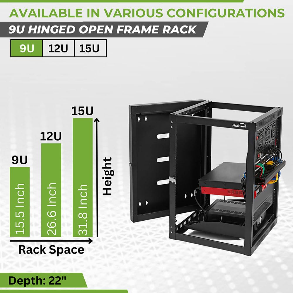 NavePoint 9U Wall Mount Server Rack with Hinged Back, 4-Post 24” Deep, Rear Swing Frame 9U Network Rack Wall Mount for 19 Inch Equipment AV IT Easy Cable Management, Black