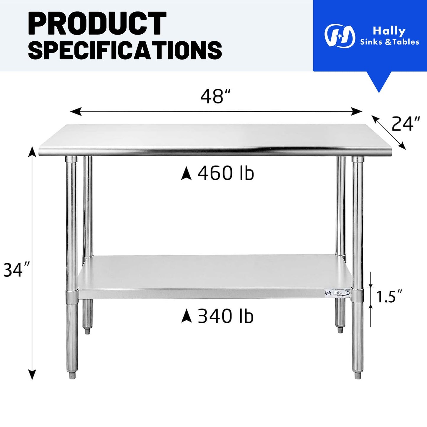 Hally Stainless Steel Table for Prep & Work 24 x 48 Inches, NSF Commercial Heavy Duty Table with Undershelf and Galvanized Legs for Restaurant, Home and Hotel