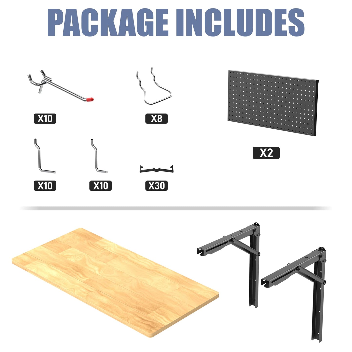 WALMANN Space Saving Wall Mounted Folding Workbench with Pegboard Kit, Heavy Duty Folding Wall Table/Desk for Garage, Workshop, Holds Up to 550 lbs(Tabletop Size: 47.25 x 22.75 in)