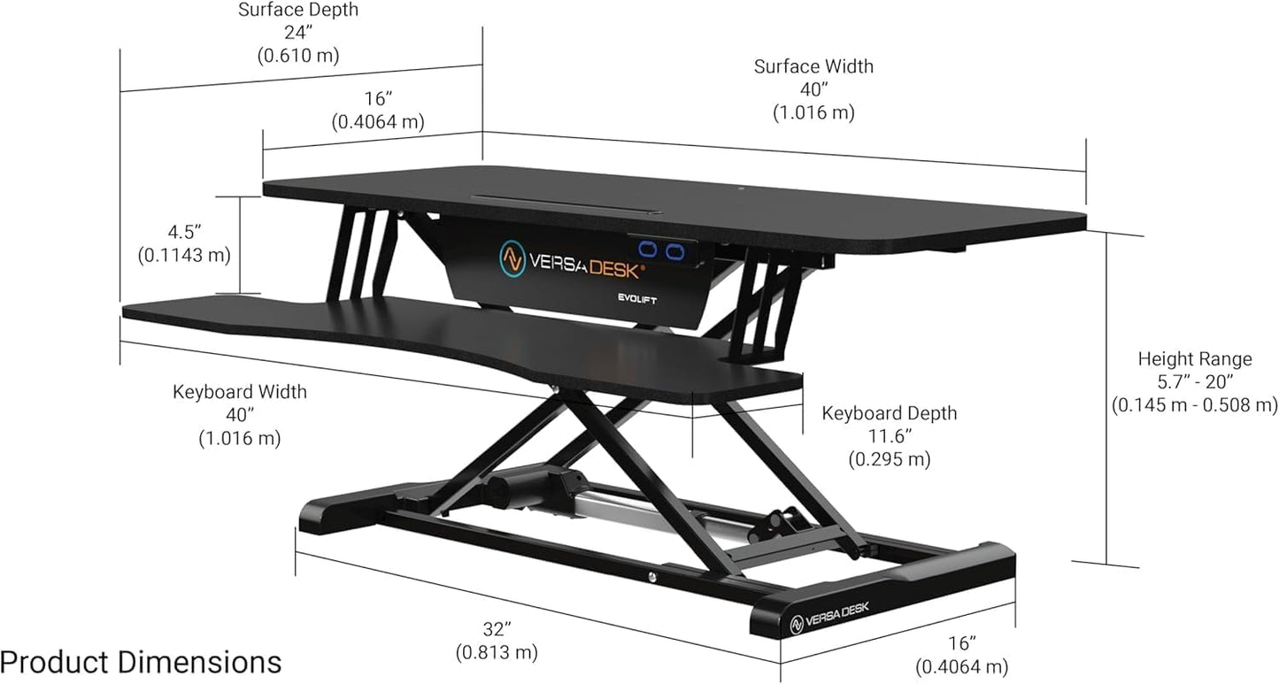 VERSADESK EvoLift 40" Electric Standing Desk Converter, Sit to Stand Motorized Desk Riser, 1-Button Easy Lift, Dual Monitor Workstation, Wide Keyboard Tray, Built-in Device Stand, Black