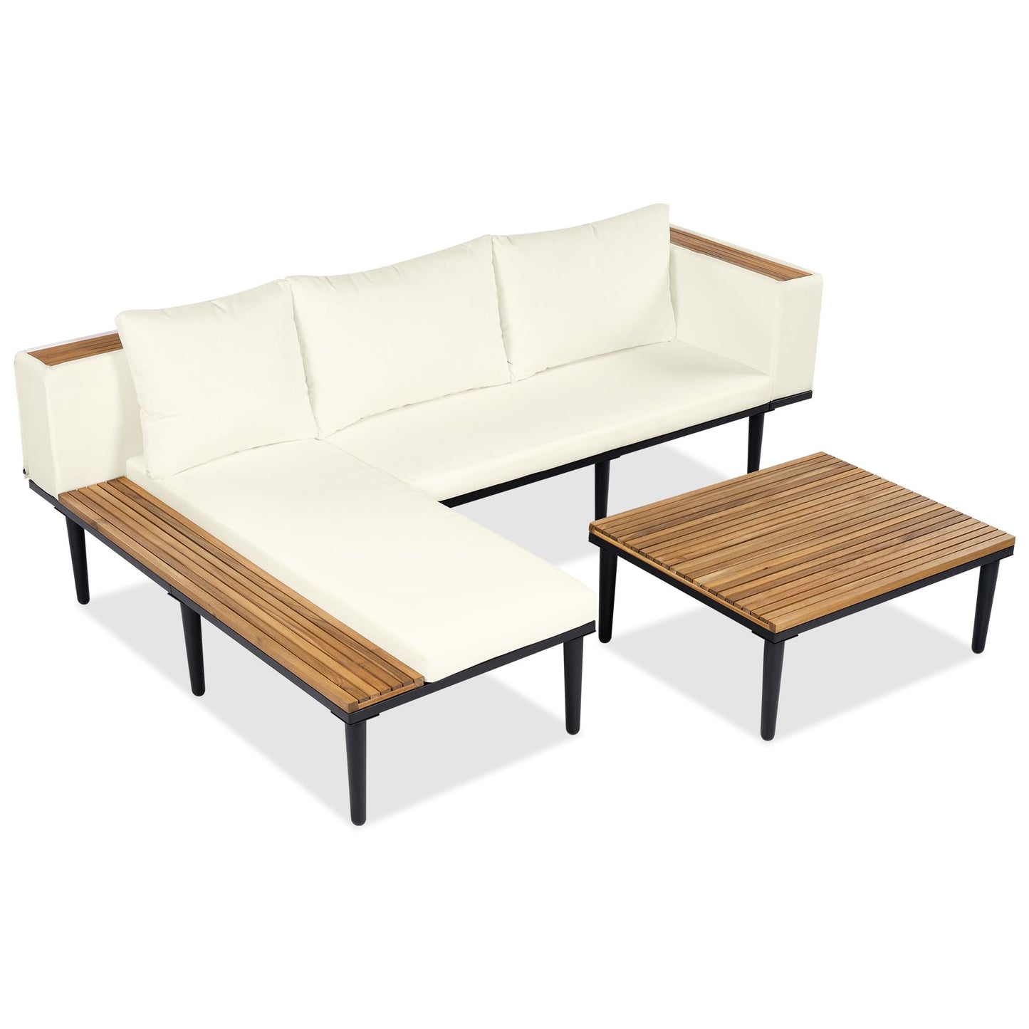 Luxury 4-Piece L-Shaped Outdoor Patio Sofa Set with Acacia Wood Side & Coffee Table, Removable Cushions & Pillows, Metal Frame, Comfortable Modular Conversation Sectional for Backyard, Porch, Beige
