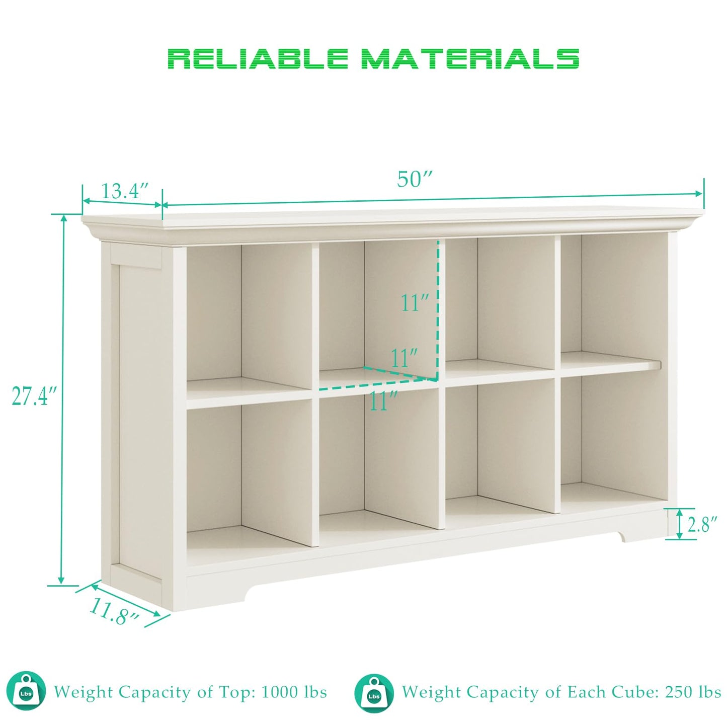 OSCHF Cube Shelf Bookcase with Base - Wooden 2 Tiers Floor Standing Low Storage Cabinet for Home and Office, 8-Cube Lattice Bookshelf, Warm White