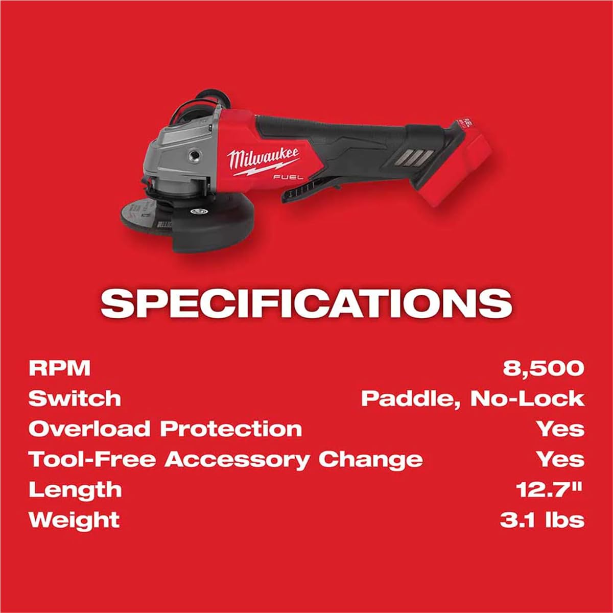 Milwaukee 2880-20 M18 Fuel Brushless Lithium-Ion 4-1/2 in. / 5 in. Cordless Small Angle Grinder with No-Lock Paddle Switch (Tool Only)