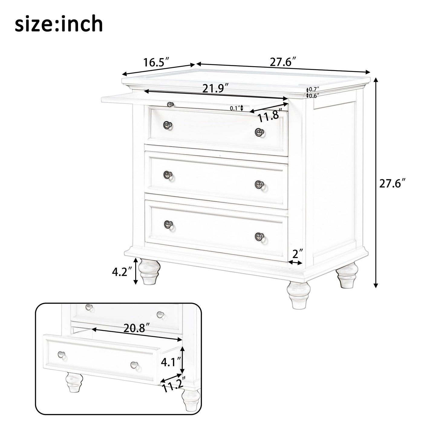 Merax Wood Nightstand with 3 Storage Drawers, Bedside End Table with Pull Out Tray, White (No Guide Rails)