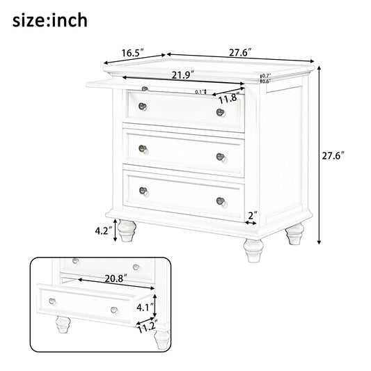 Merax Wood Nightstand with Drawers, Large Farmhouse Bedside End Table with Storage & Pull Out Tray, White
